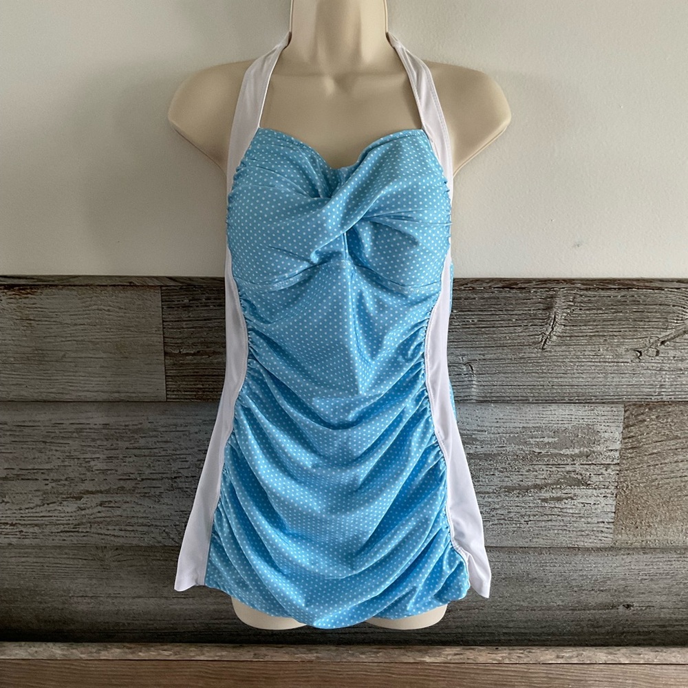 Retro-look pin-up style blue/white polka dot one pc bathing suit size XL